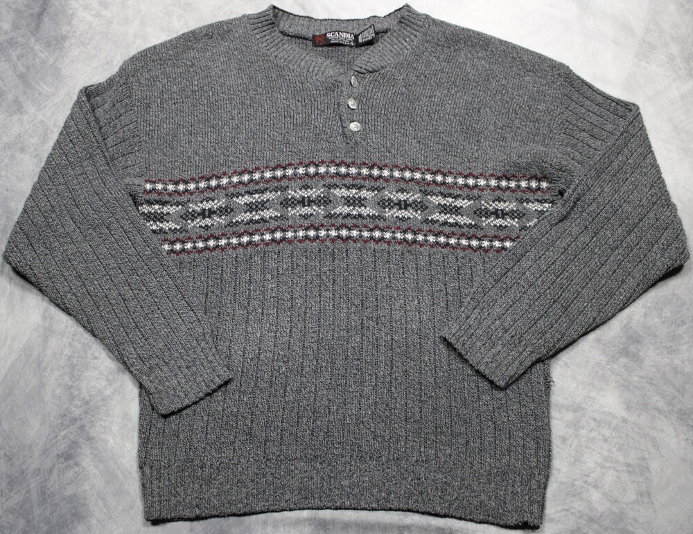 Vintage Scandia Sweater Mens Large Gray Fair Isle Henley Knit Pullover USA